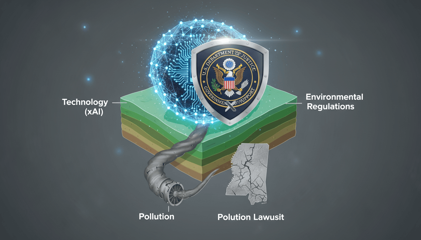 Illustration of the U.S. Justice Department supporting xAI in a legal context.