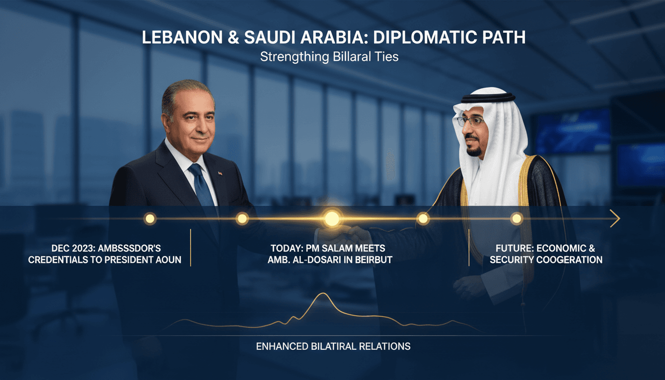 Lebanese Prime Minister Nawaf Salam and Saudi Ambassador Fahd Al-Dosari during their meeting in Beirut.