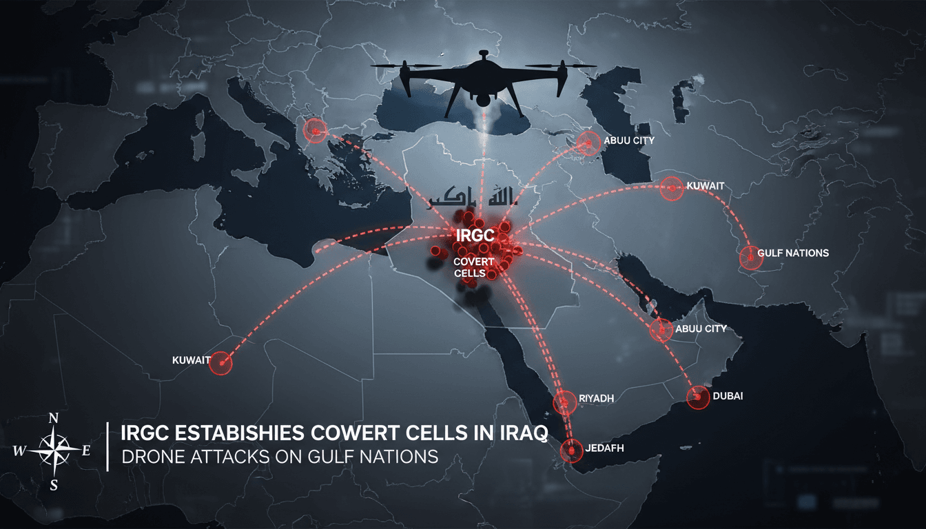 Map showing IRGC covert cells in Iraq and targeted Gulf nations.