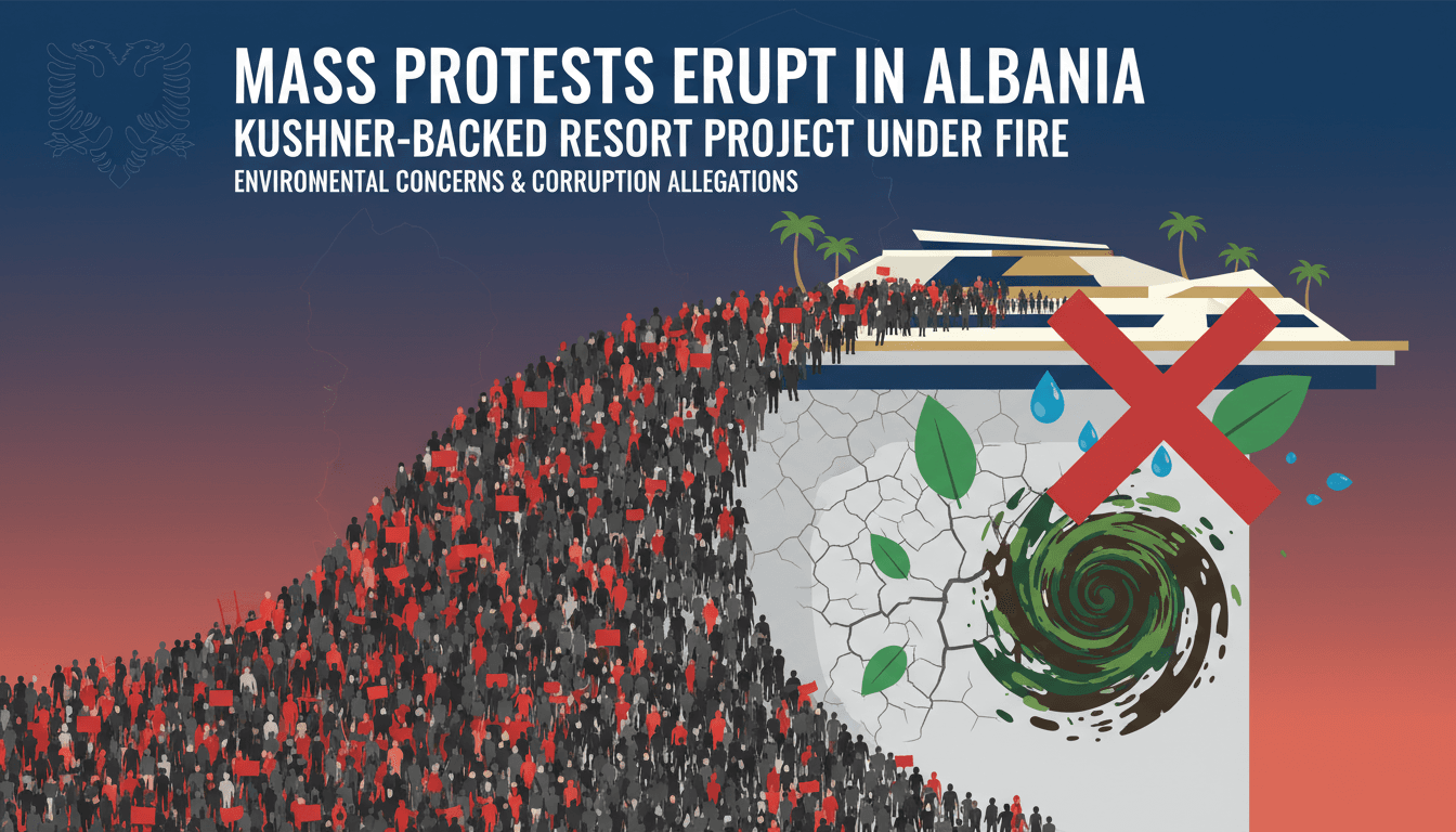 Demonstrators rallying in Albania against the Kushner-backed resort project.