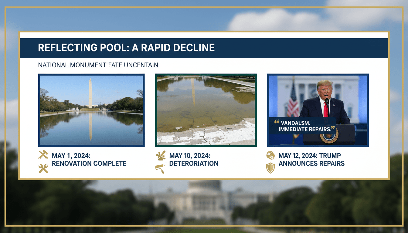 The Reflecting Pool in Washington DC showing algae and peeling paint after renovation.