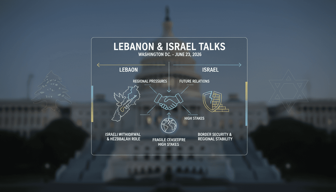 Lebanon and Israel flags with a backdrop of Washington D.C.