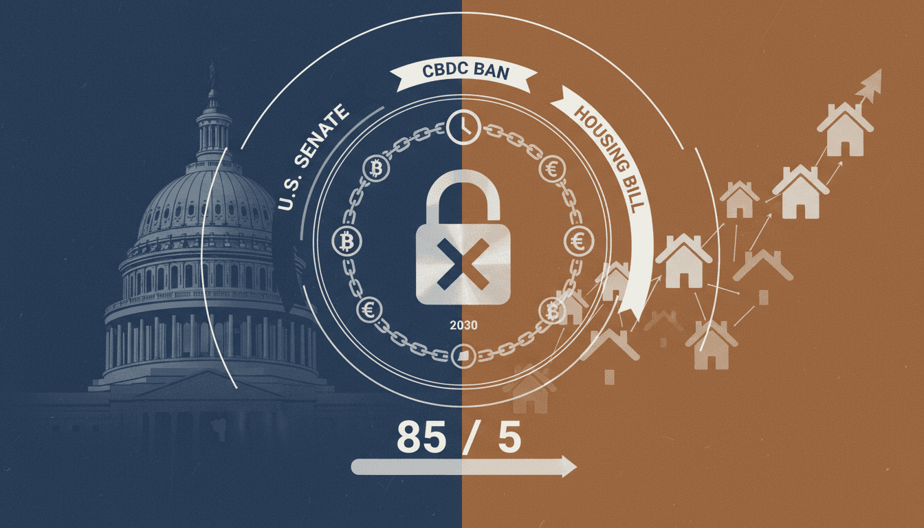 U.S. Senate building with a digital currency overlay