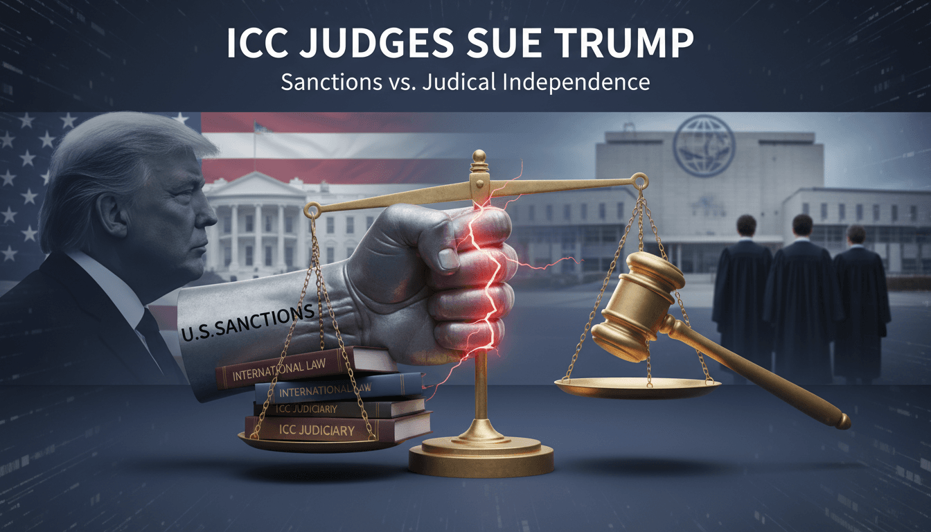 ICC judges in a courtroom setting discussing their lawsuit against Trump.