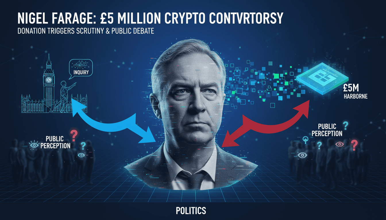 Nigel Farage speaking at a political event with a backdrop of financial graphs.