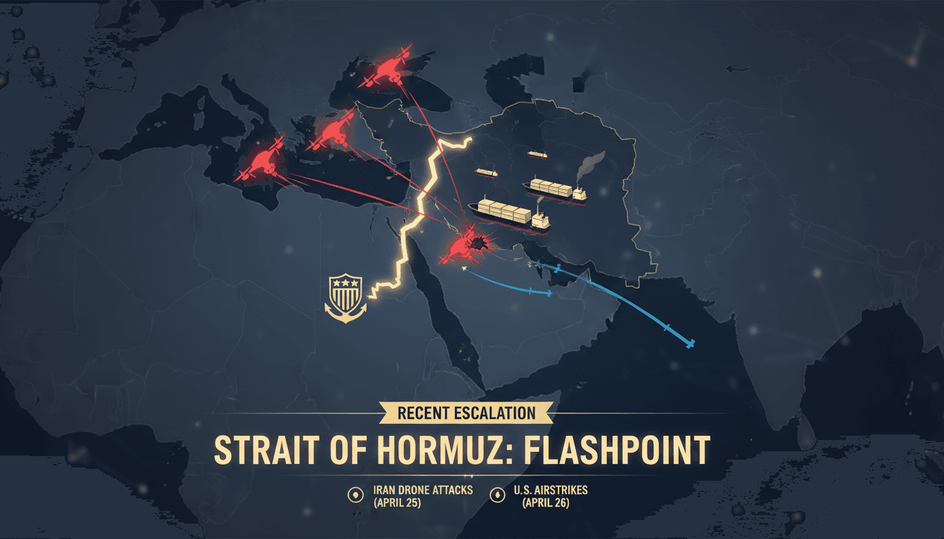 Map highlighting the Strait of Hormuz and recent military actions.
