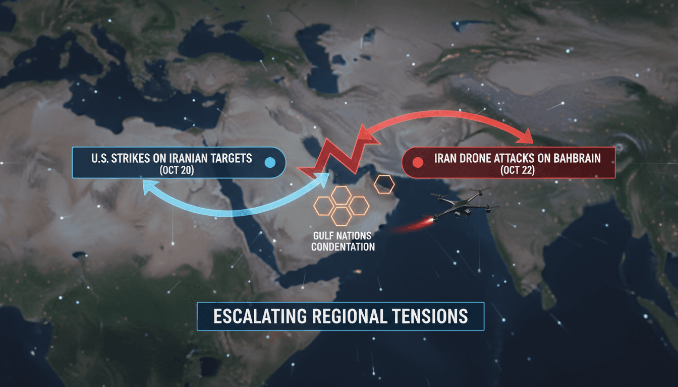 Map highlighting Iran and Bahrain with military action indicators