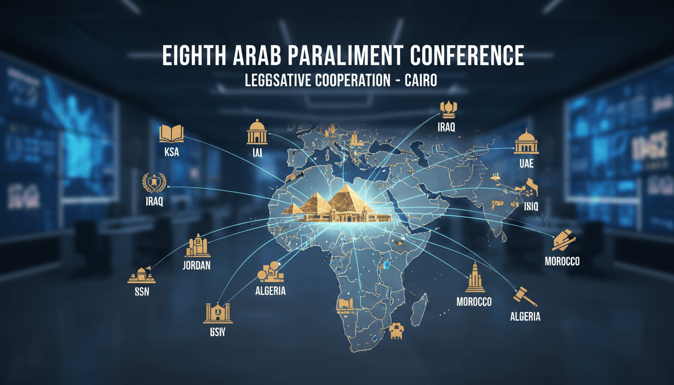 Delegates at the eighth Arab Parliament Conference in Cairo discussing legislative cooperation.