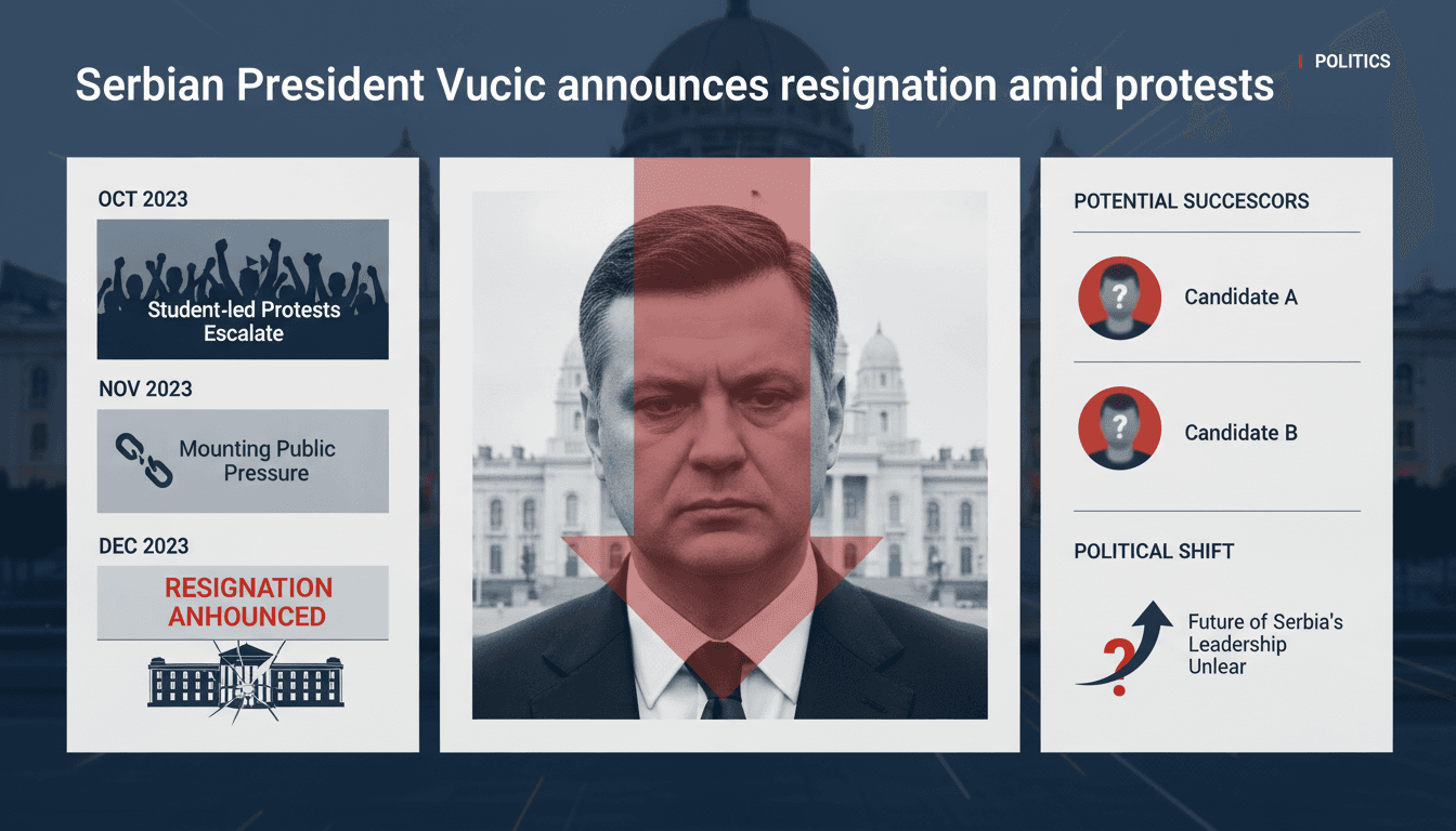 Serbian President Vucic announcing his resignation during protests.