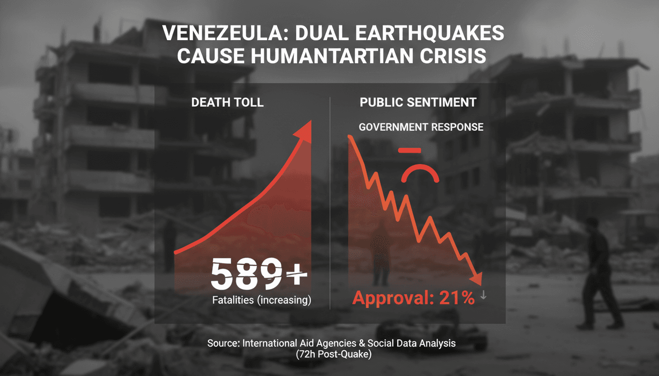Aerial view of earthquake damage in Venezuela with rescue efforts underway.