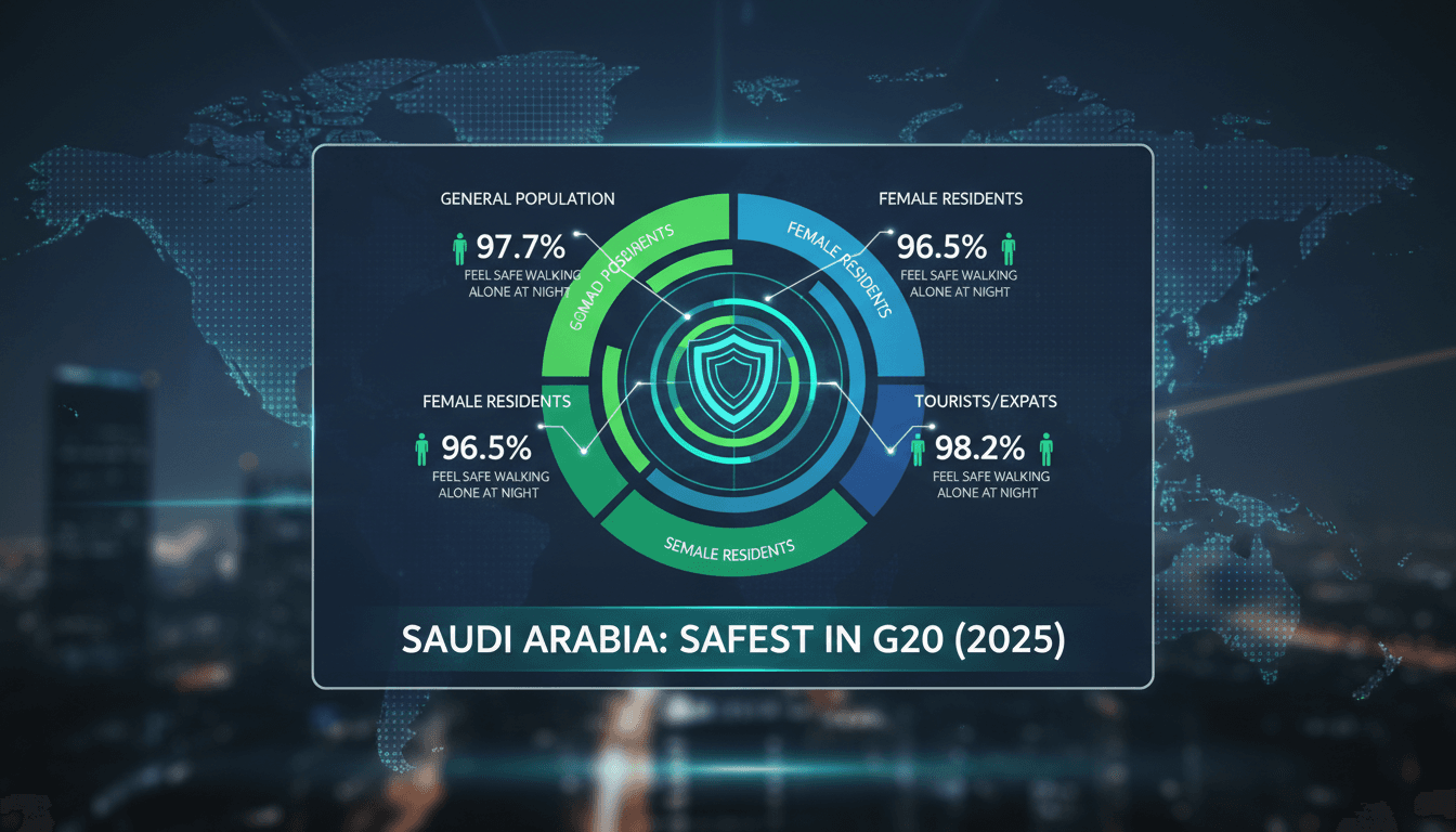 Saudi Arabia skyline with a focus on safety and security initiatives.