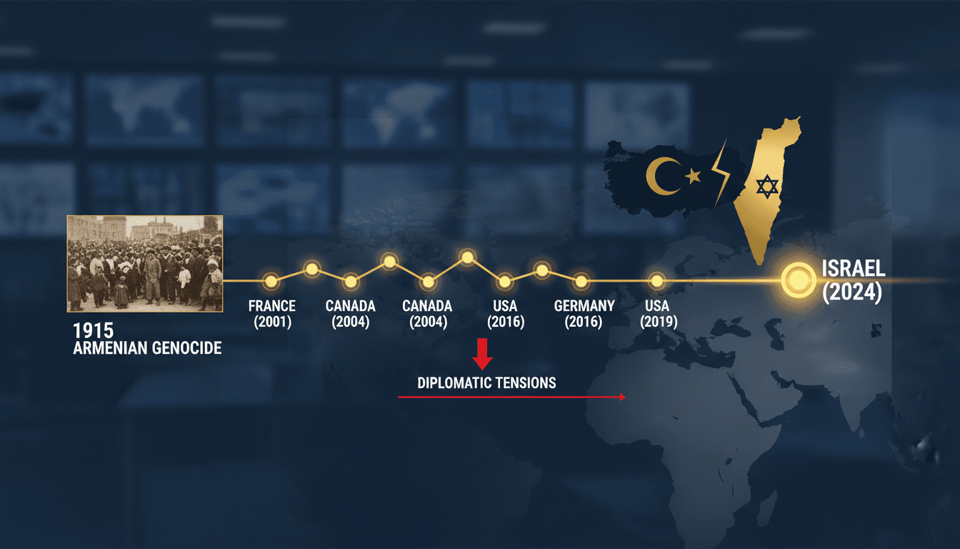Map highlighting Israel and Turkey with historical context of the Armenian Genocide.