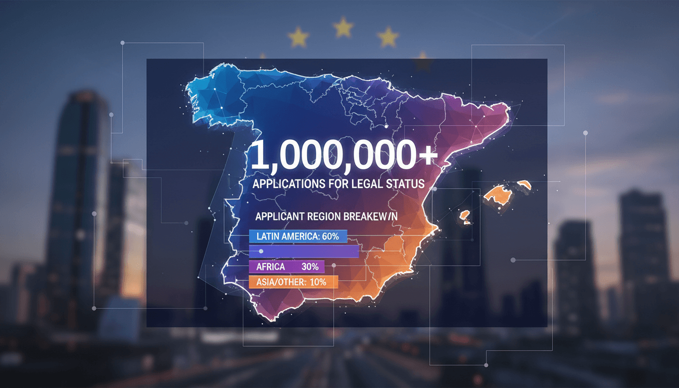 A visual representation of Spain's migrant regularization initiative and application statistics.