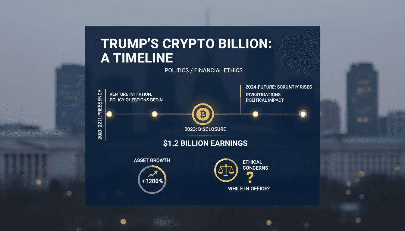 Donald Trump discussing cryptocurrency earnings and ethical implications.
