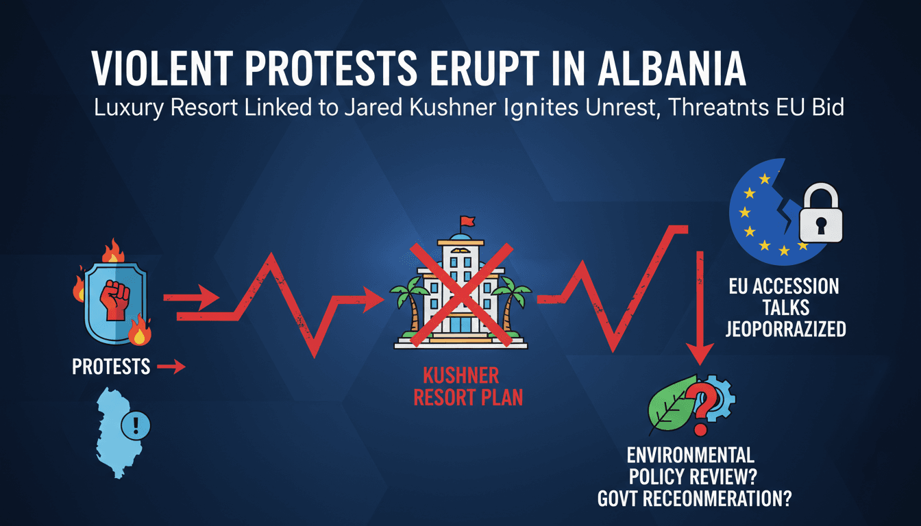 Protesters clashing with police in Albania over luxury resort development.