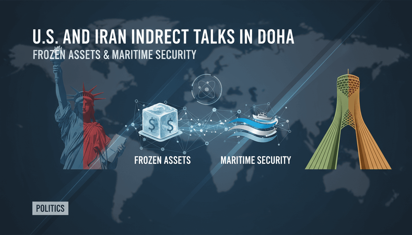 U.S. and Iran flags with a backdrop of Doha's skyline