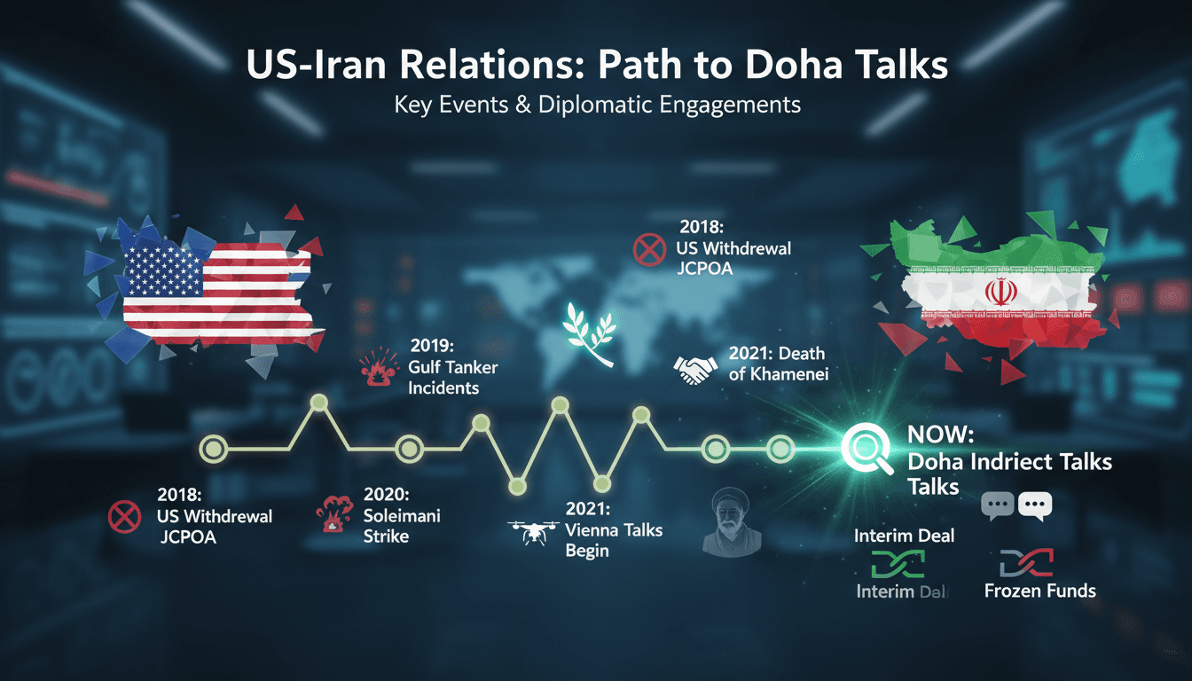 US and Iran flags with Doha skyline in the background