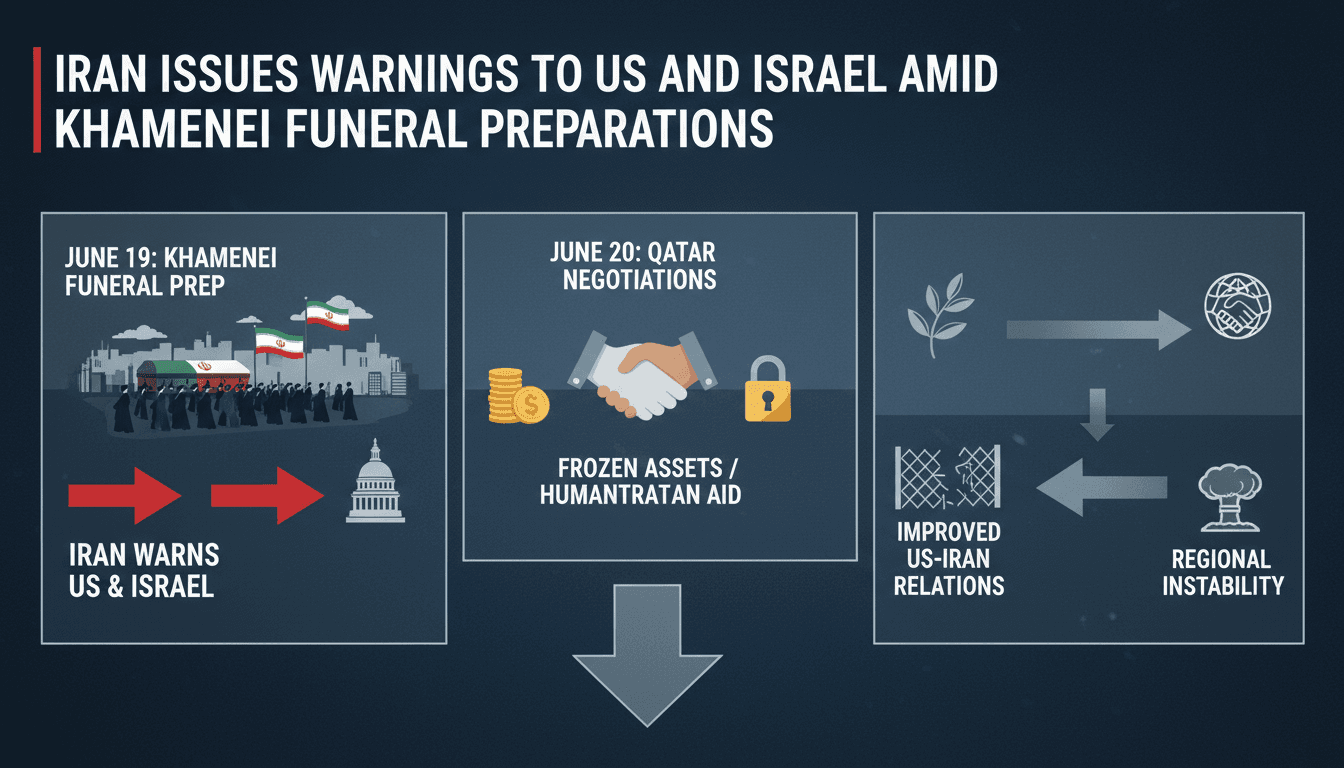 Iranian officials issue warnings to the US and Israel during Khamenei funeral preparations.