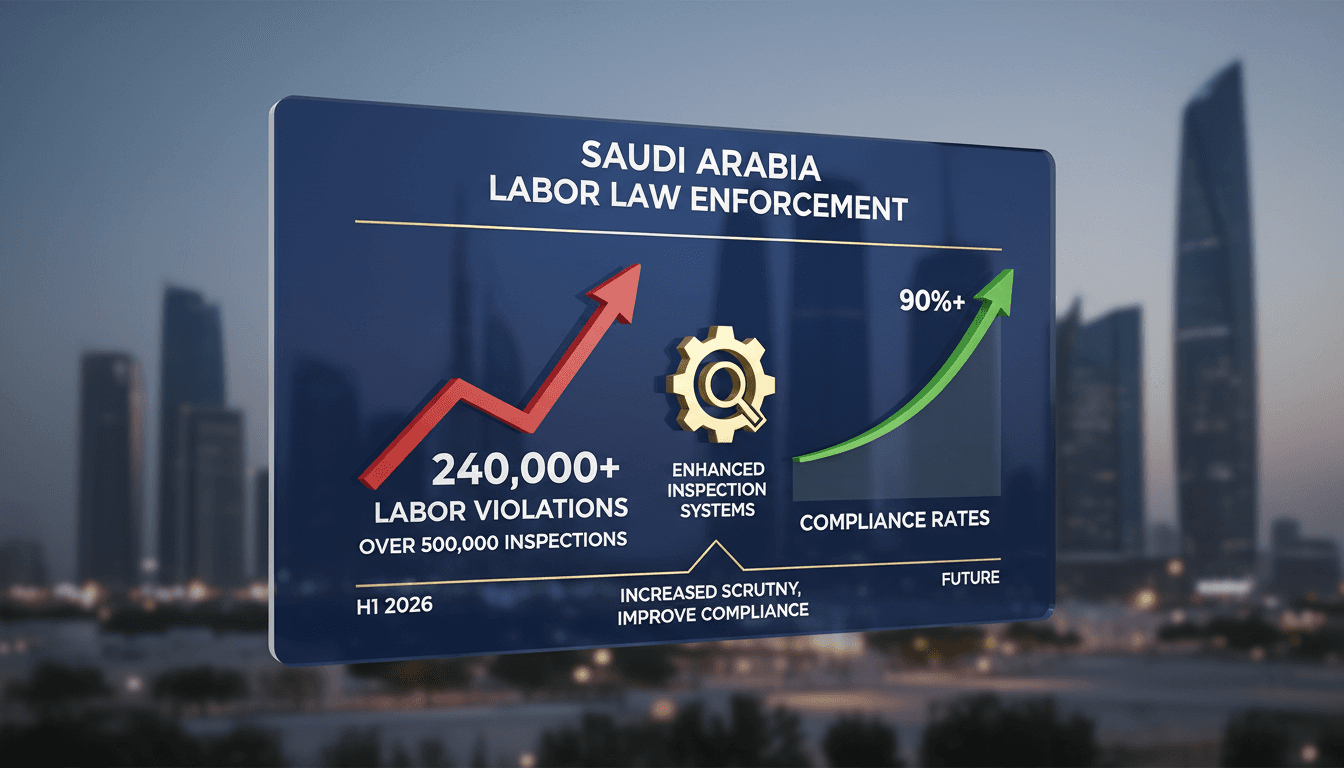 Infographic showing labor violations and compliance rates in Saudi Arabia
