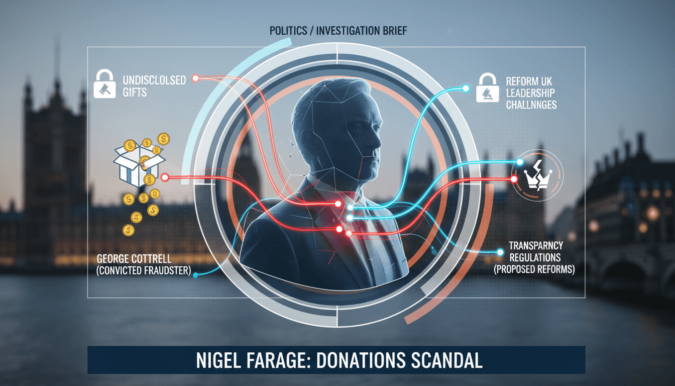 Nigel Farage speaking at a political event, with a backdrop of Reform UK branding.