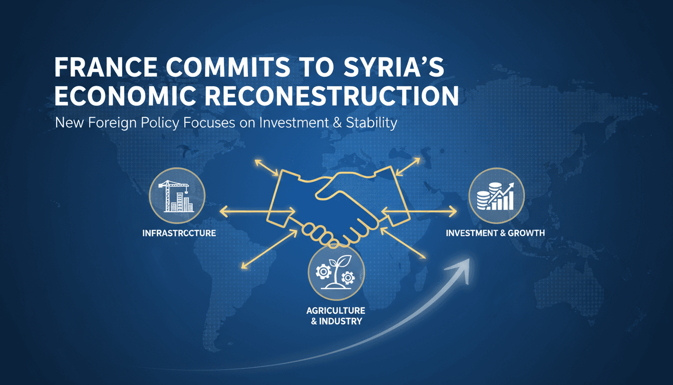 French President Emmanuel Macron announcing support for Syria's economic reconstruction.