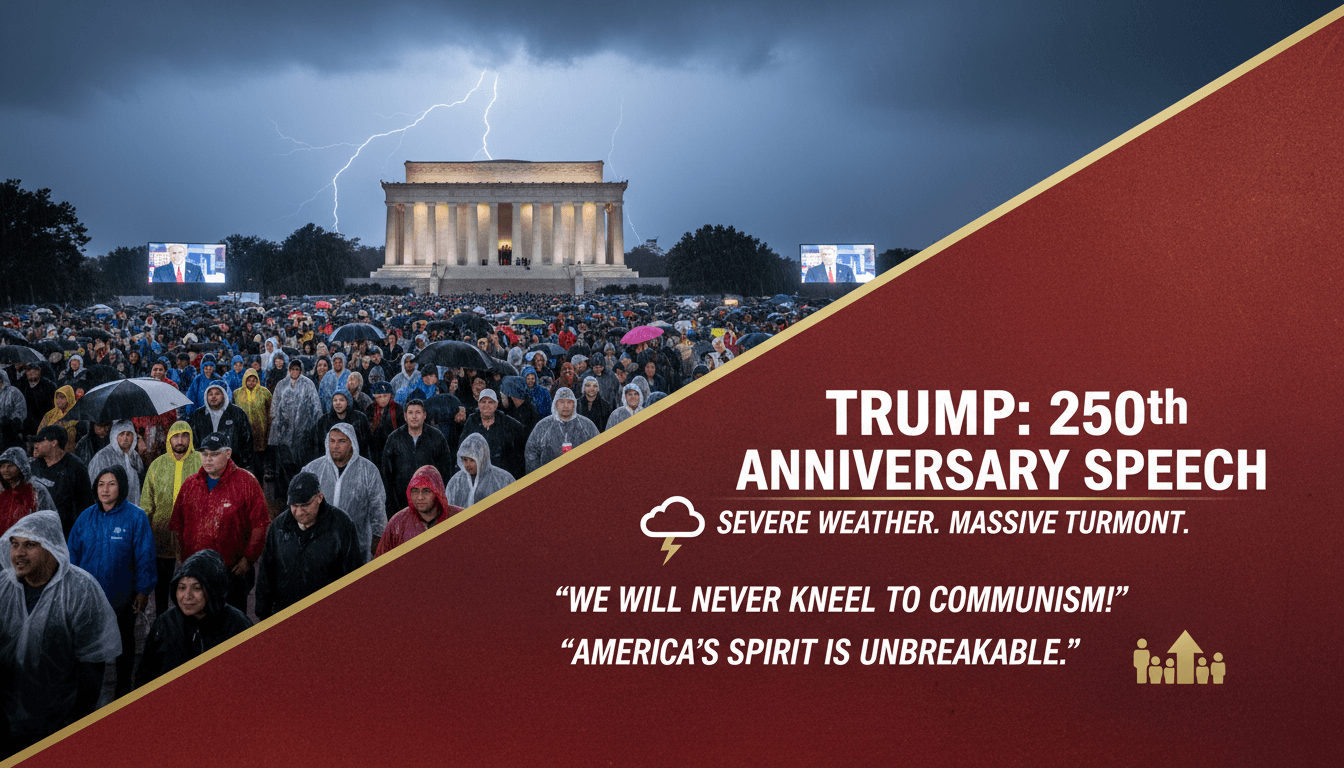President Trump speaking at the Lincoln Memorial during the US 250th anniversary celebration.