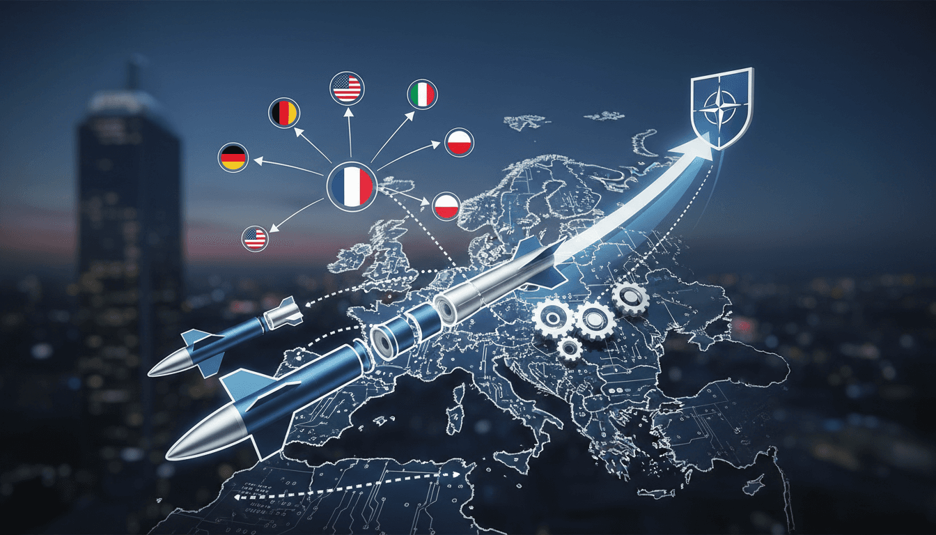 U.S. and NATO flags with missile production imagery