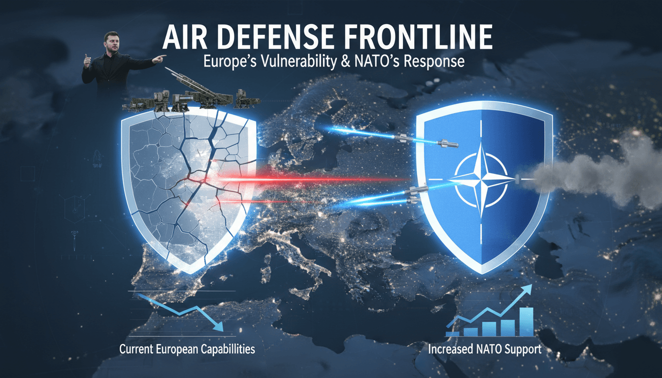Ukrainian President Zelenskyy addressing NATO leaders on air defense needs.