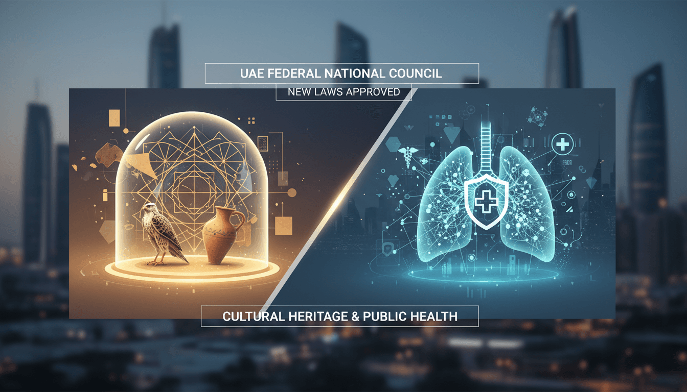 UAE Federal National Council building with cultural heritage and health symbols
