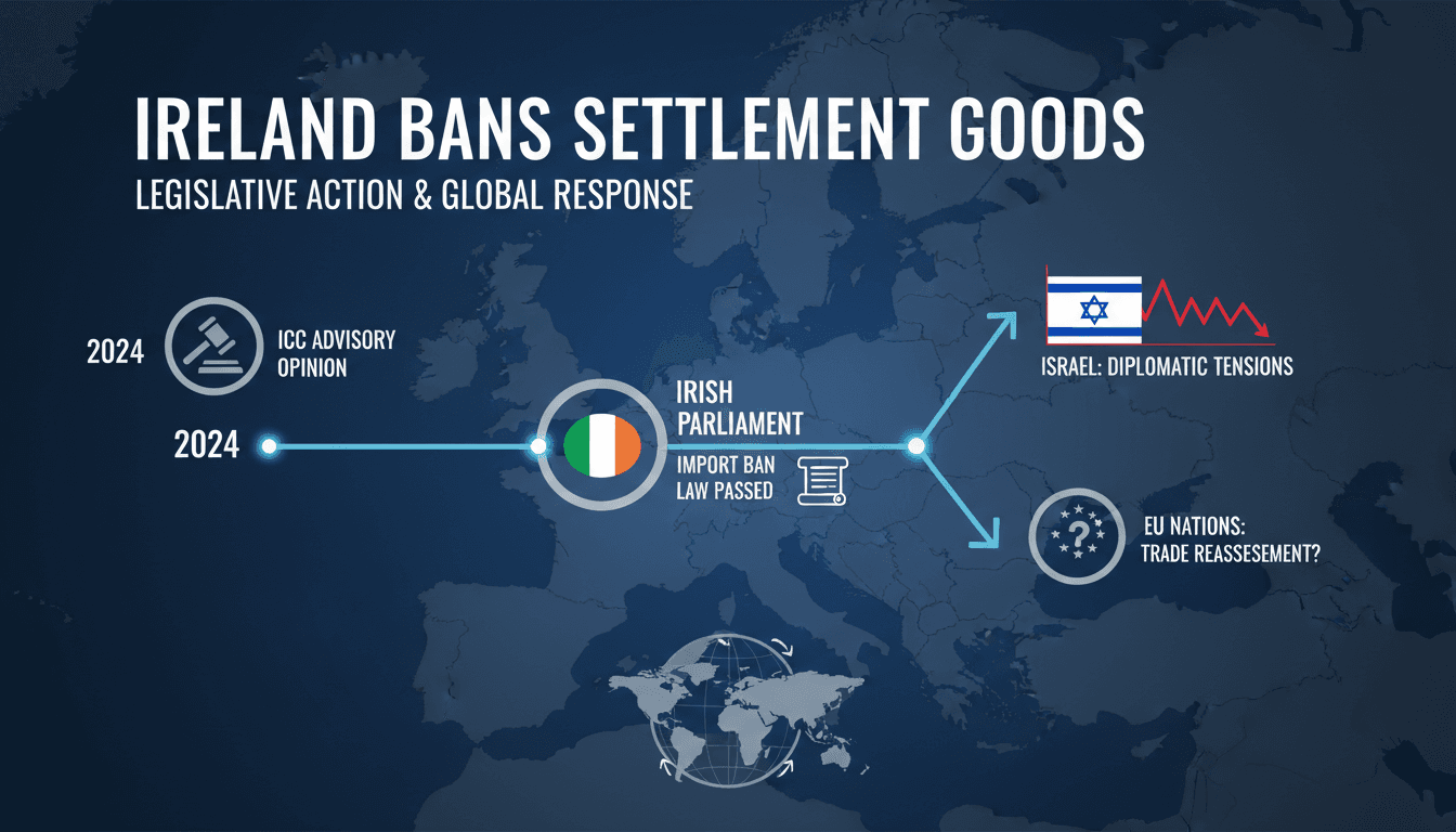 Irish Parliament building with a focus on legislative action against Israeli settlements