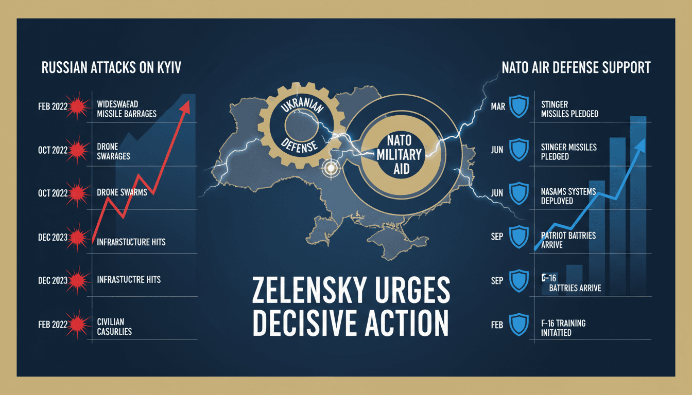 Ukrainian President Zelensky addressing NATO leaders on air defense needs.