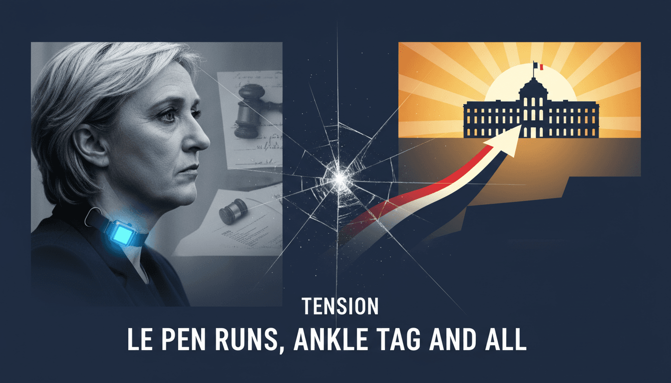 Marine Le Pen speaking at a political rally with an ankle tag visible.