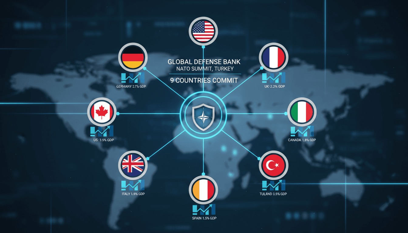 Canadian Prime Minister Mark Carney announces global defense bank at NATO summit in Turkey.