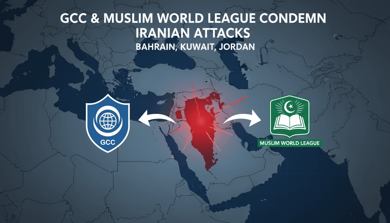 Map highlighting Iranian attacks on Bahrain, Kuwait, and Jordan with GCC and Muslim World League responses.