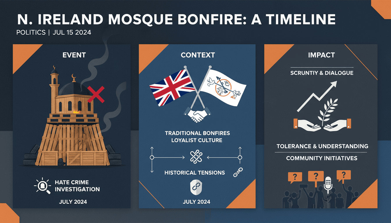 A bonfire with a replica mosque on top, symbolizing religious intolerance in Northern Ireland.