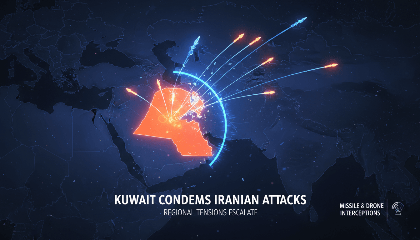 Kuwaiti military intercepting missiles and drones in defense against Iranian aggression.