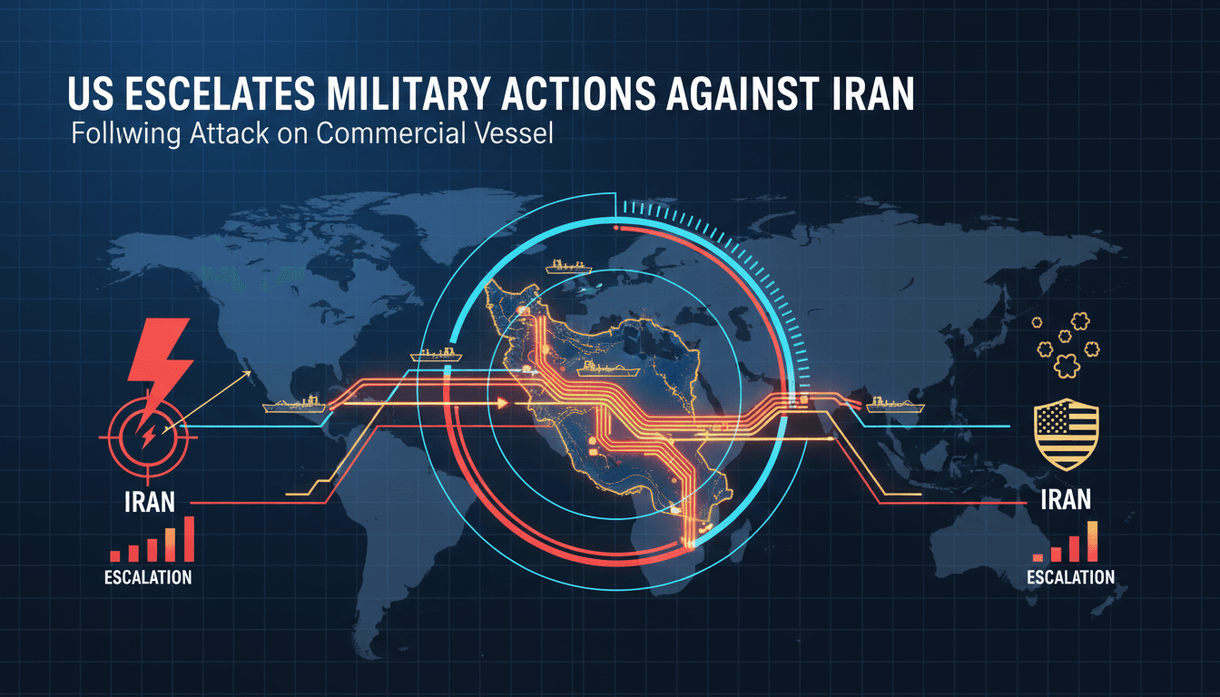 Map highlighting the Strait of Hormuz and military actions between the US and Iran.
