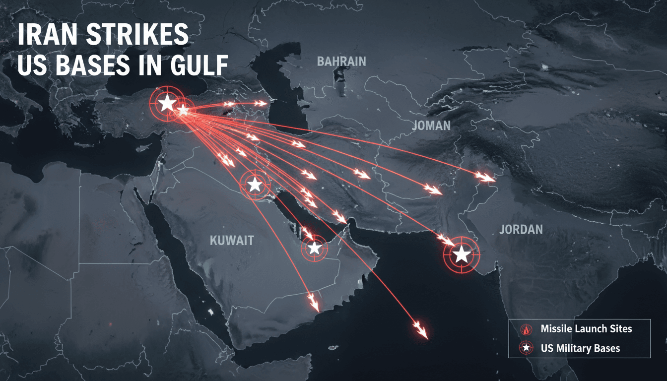 Map showing locations of Iranian missile attacks on US military bases in the Gulf states.