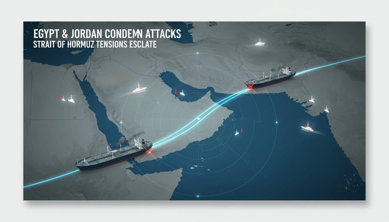 Map of the Strait of Hormuz highlighting shipping routes and recent attacks.