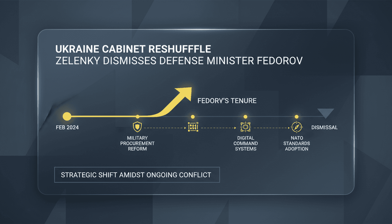 Ukrainian President Zelensky announces cabinet reshuffle including Defense Minister Fedorov's dismissal.
