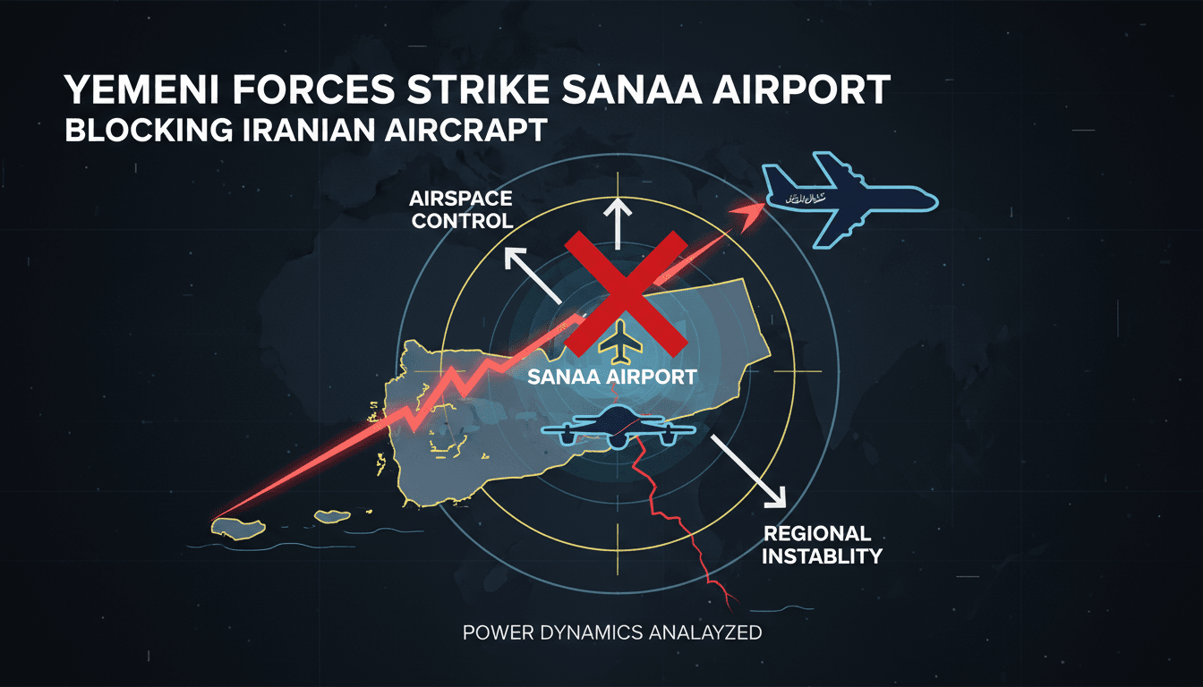 Yemeni forces strike Sanaa airport runway to block Iranian aircraft.