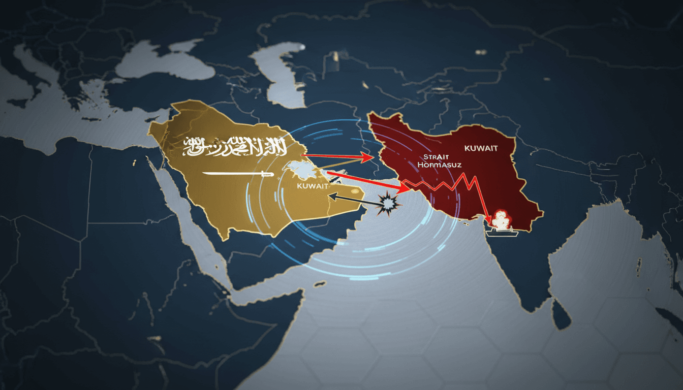 Map highlighting Saudi Arabia, Kuwait, UAE, and Iranian military activity in the Gulf region.