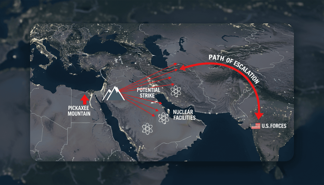 Map showing Pickaxe Mountain's proximity to Iran's nuclear facilities.