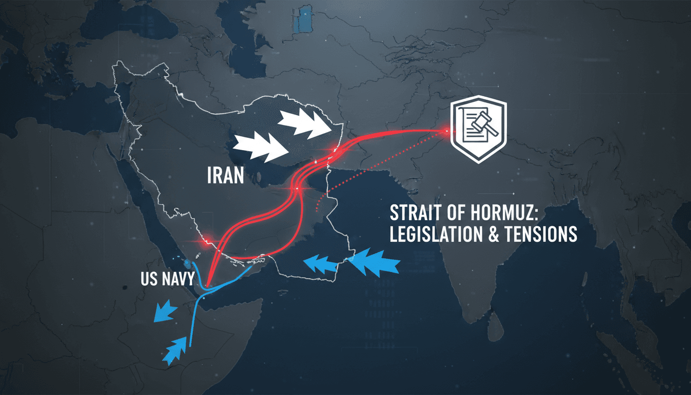 Map of the Strait of Hormuz highlighting key shipping routes and military presence.