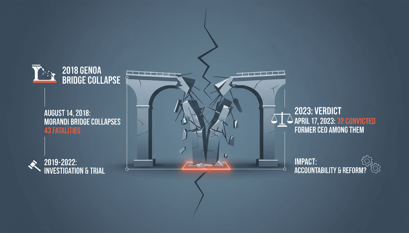 Courtroom scene depicting the convictions related to the Genoa bridge collapse.
