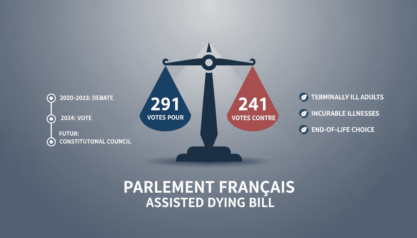 French Parliament building with a focus on legislative change regarding assisted dying.