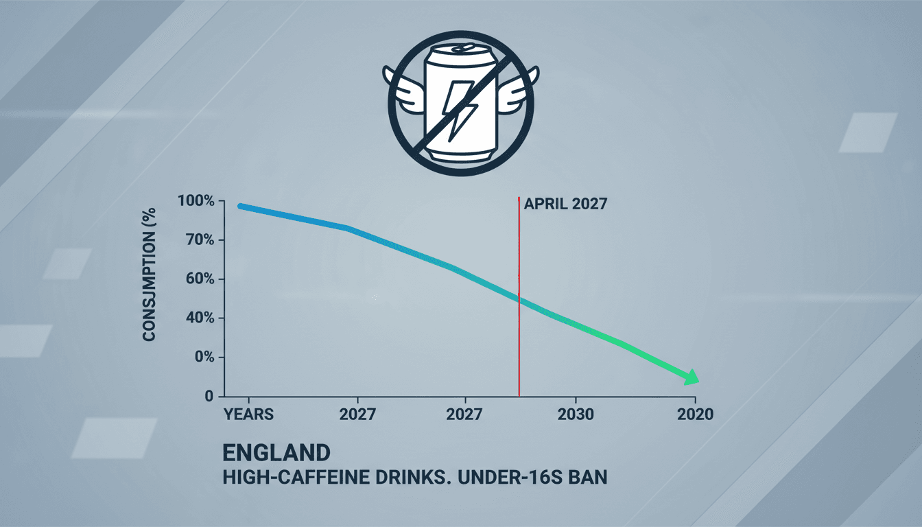Children consuming energy drinks with a cautionary message about caffeine.