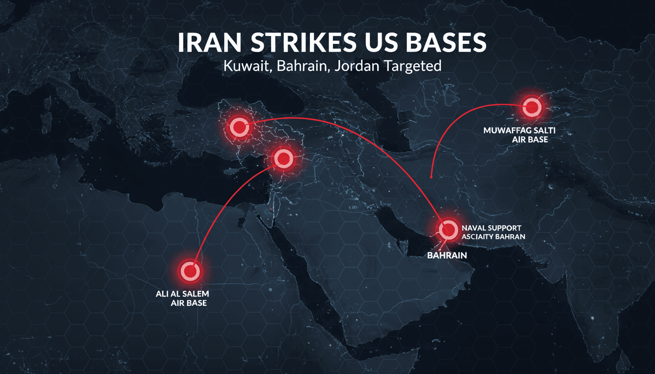 Map showing locations of Iranian missile strikes on US military sites in Kuwait, Bahrain, and Jordan.