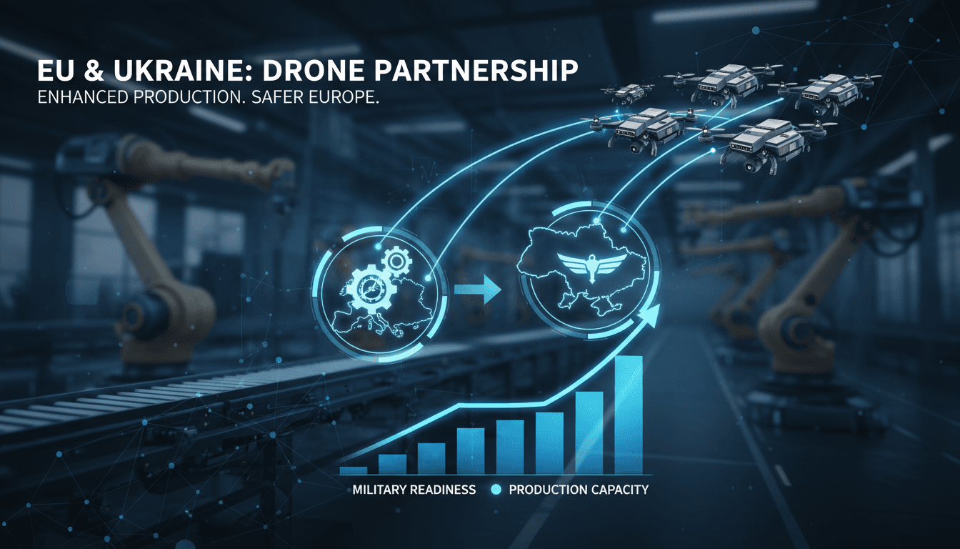 EU and Ukraine leaders signing a drone production partnership agreement