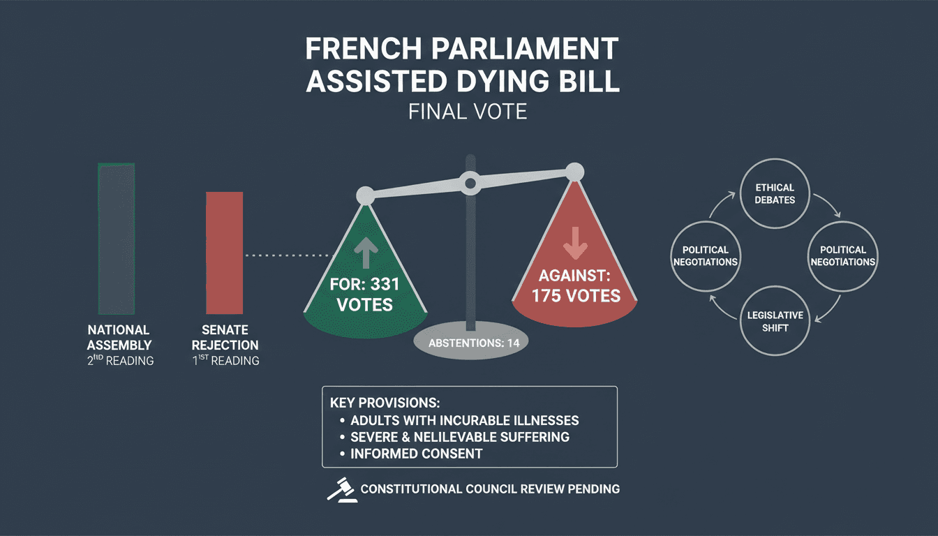 French Parliament building with a focus on legislative changes regarding assisted dying.